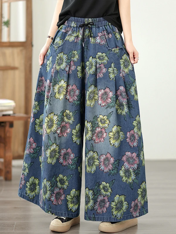 

Retro Denim Print Wide Leg Pants Women's Casual Loose Slimming Straight Cut Trousers Spring Season High Waist Cotton Blend