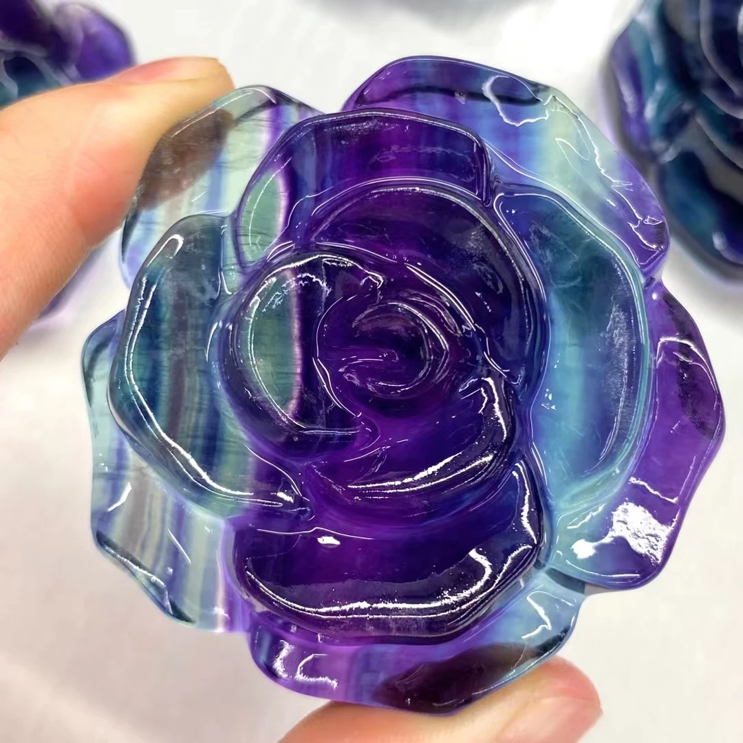 Natural Colorful Fluorite Rose Flower Hand Carved Crystal Healing Stone Quartz Crystals Decorative