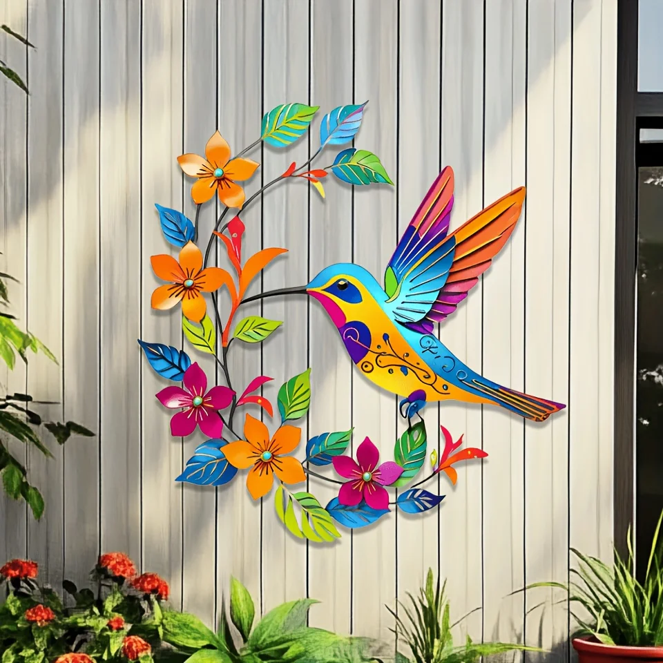 2D flach. Wunderschöne Wanddekoration im Bohemian-Stil mit Blumen und Kolibris – für Terrasse, Garten, Wohnzimmer und Schlafzimmer