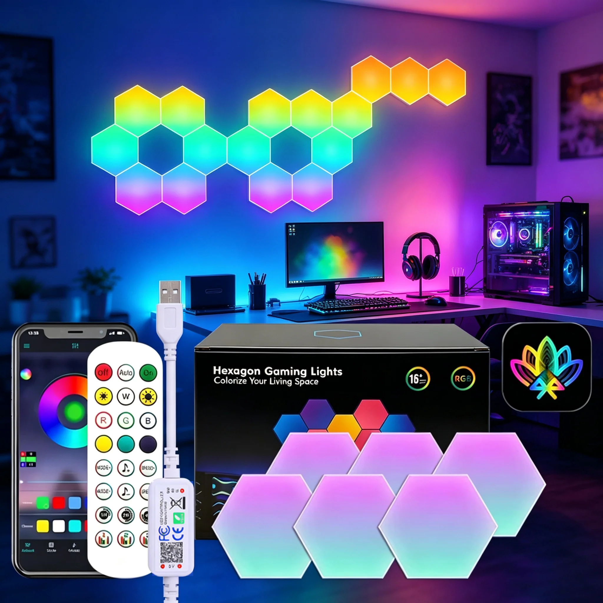 USB 5V APP & Remote Control DIY Hexagon RGB Quantum Wall Lights Modular Splicing Ambient Light Gaming Hexagonal LED Panel Lights