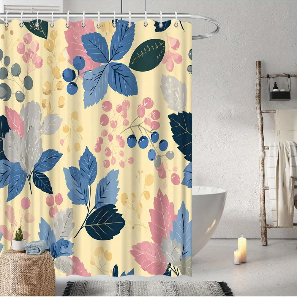 Shower Curtain Botanical Floral Navy Blue Pink Yellow Leaves Berries Polyester 70.8x70.8 Inch Machine Washable
