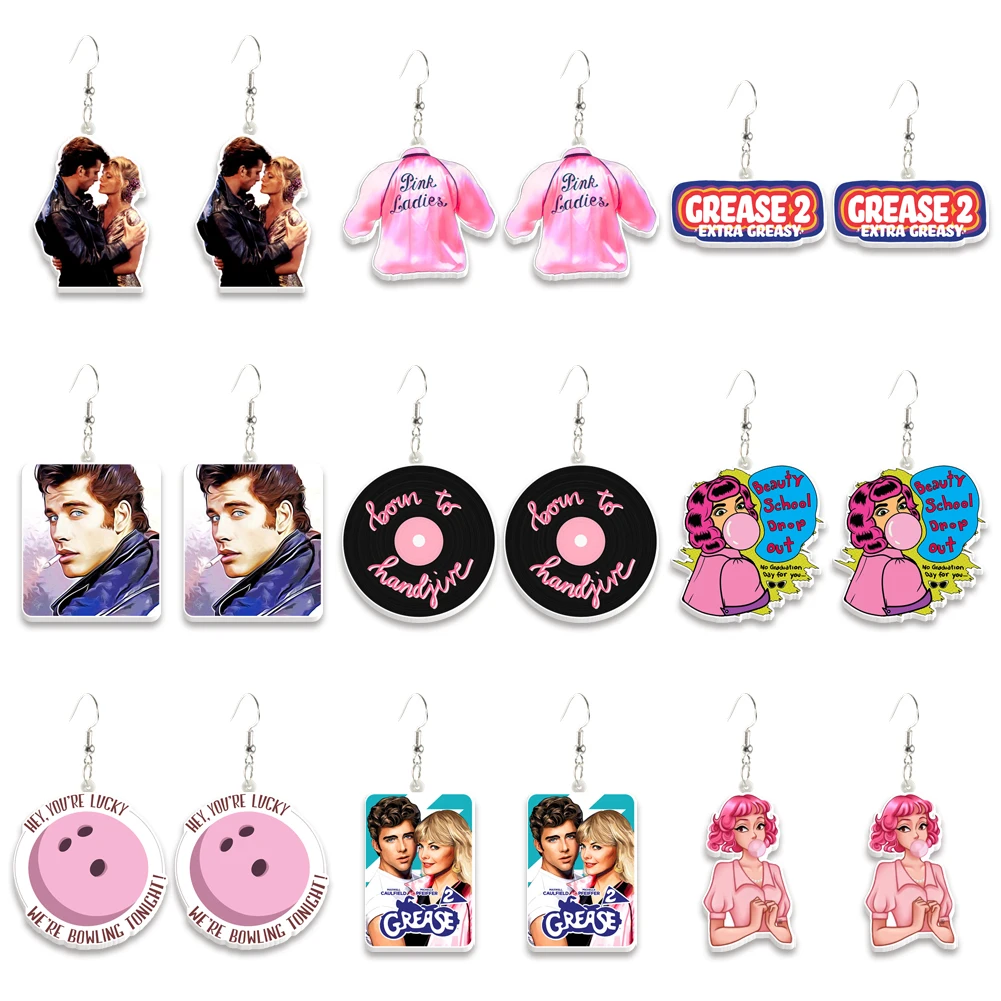 

Movie Character Grease Pendant Earrings Design Drop Earrings White Resin Laser Cut Acrylic Women Girls Jewelry Accessories