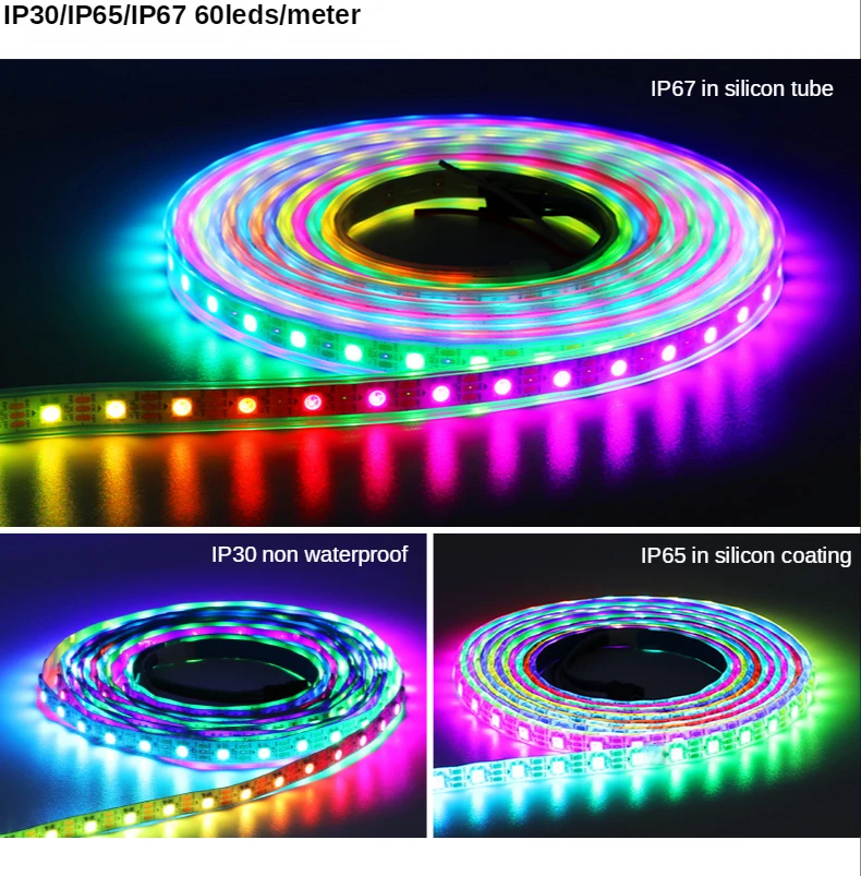 Bande lumineuse LED RVB adressable, Pixels intelligents, Lumière magique, Noir, Blanc, PCB, IP30, 65, 67, DC5V, WS2812B, WS2812