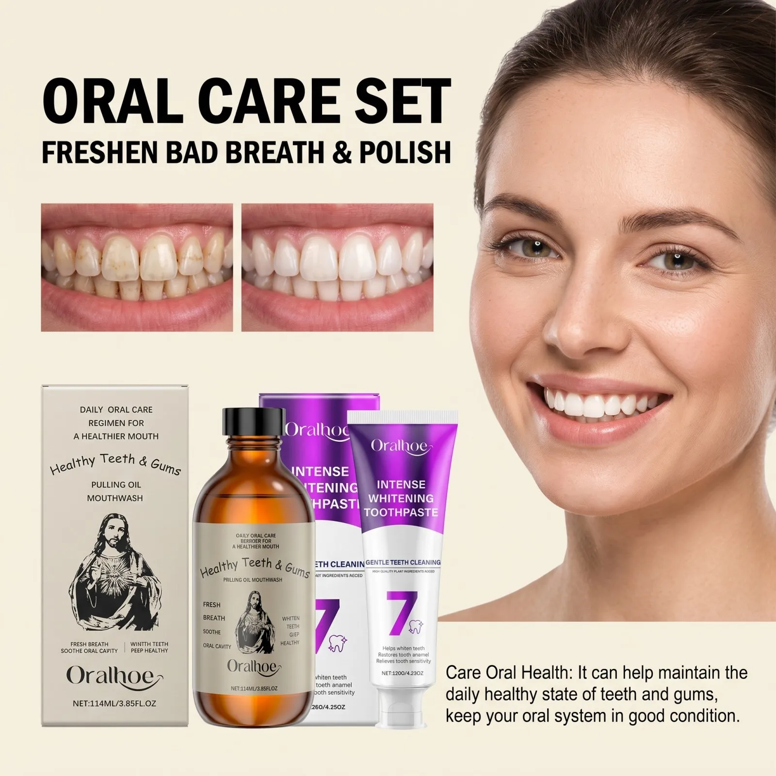 Oralhoe BrighteningToothpaste & Pulling Oil Mouthwash Set Stain Removal Fresh Breath Enamel Care Deep Clean for Daily Oral Care