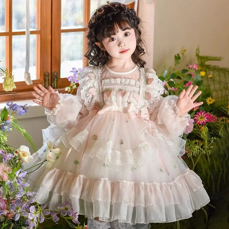 

Girl's Breathable Lolita Princess Dress Spring/Autumn Children's Lace Dress 2026 New Kids' Trendy Cute Round Neck Dress LI839