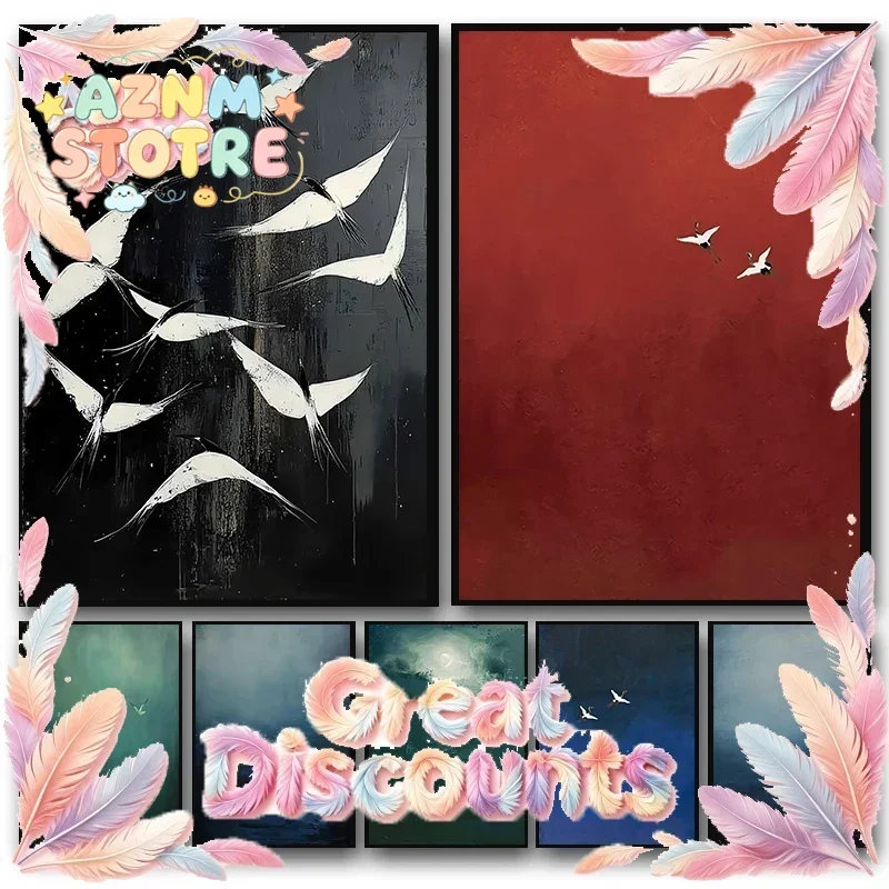 Póster Surrealista de Cielo y Garzas, Pintura en Lienzo de Aves Voladoras Vintage, Cuadro de Arte Abstracto Minimalista para Decoración de Sala de Estar