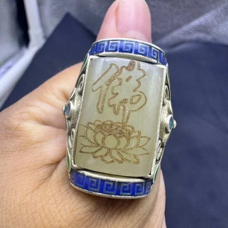 Hot Selling Antique Old Silver Adjustable Ring, Cloisonne Inlaid Natural Hetian Jade Cabochon Chinese Collectible Jewelry Real S