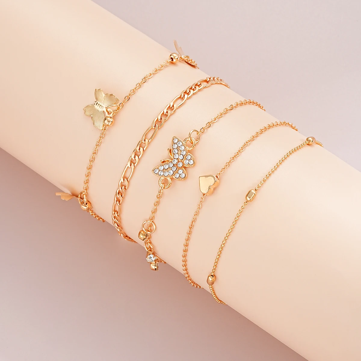 طقم خلخال فراشة عتيق ذهبي اللون للنساء ، سوار بوهيمي متعدد الطبقات ، خلخال من الزركون ، قدم الساق ، مجوهرات الشاطئ ، 5-