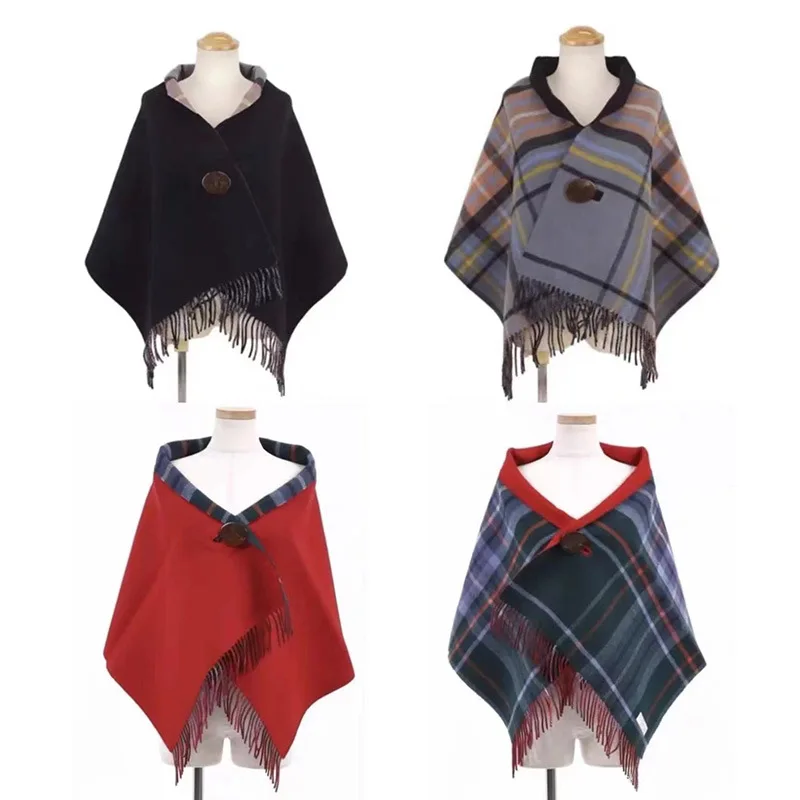 New Vintage Check Scarf for Women; Autumn and Winter Fringe Wool Cape; Double-sided Shawl; Multi-functional Warm Neck War