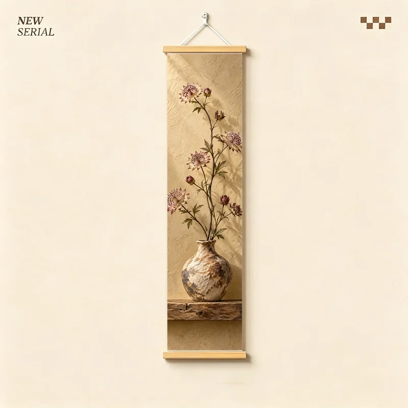 Wall Art Astrantia and Waxflower, Serene Wabi-Sabi Botanical Silver Shimmer Canvas Hanging Scroll for Tea Room Home Decor