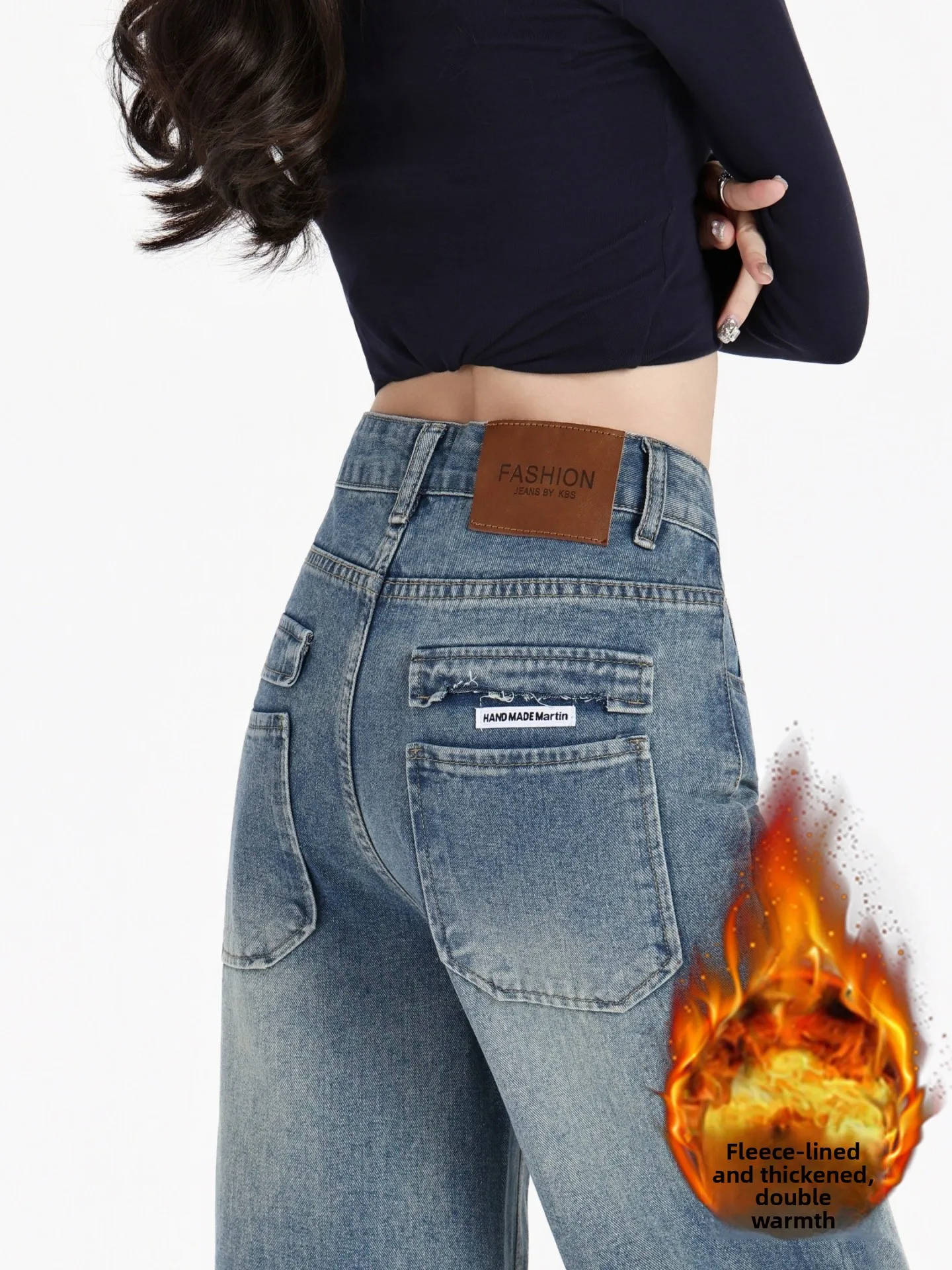 

Плюс Размер Высокая Талия Fce Lined Thi Прямые Джинсы Женские Осень Зима Свободные Широкие Брюки Повседневная Одежда