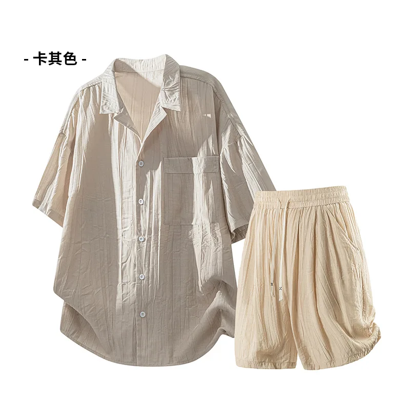 2026 Sommer Herren Koreanischer Stil Baumwoll-Zweiteiler Set Locker Sitzende Slim-Fit Kurzarm-Hemden mit Passenden Shorts Trendiges Alltags-Freizeitoutfit – Detail 8