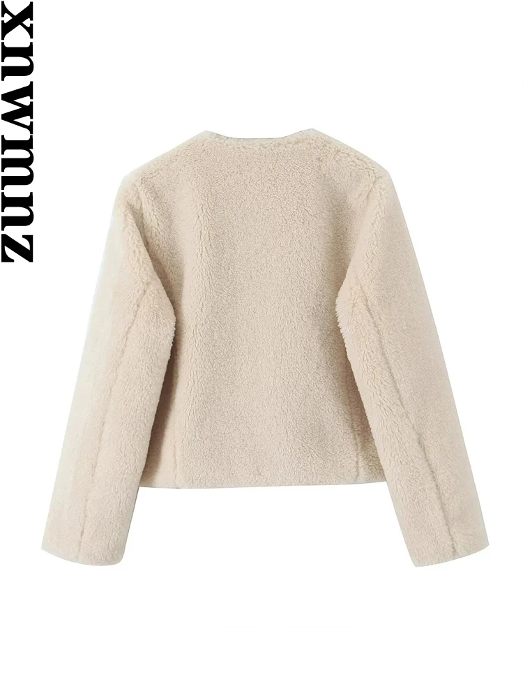 XNWMNZ Women's Fashion 2023 Autumn/Winter Faux Shearling Lobster Clasps Jacket Women O Neck Long Sleeve Versatile Female Coat