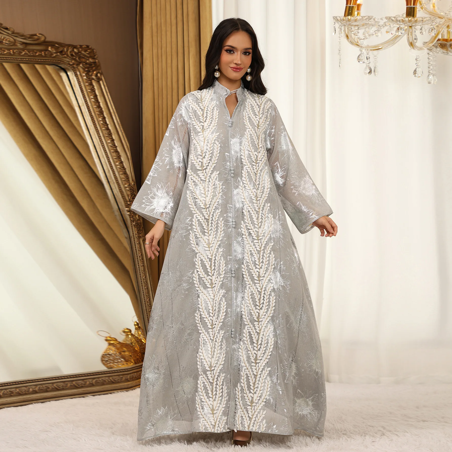 

Women's Luxury Elegant Trendy Loose Long Sleeve V-neck Mesh Emrboidered Abaya Dress Middle East Fashion Muslim Female Clothes