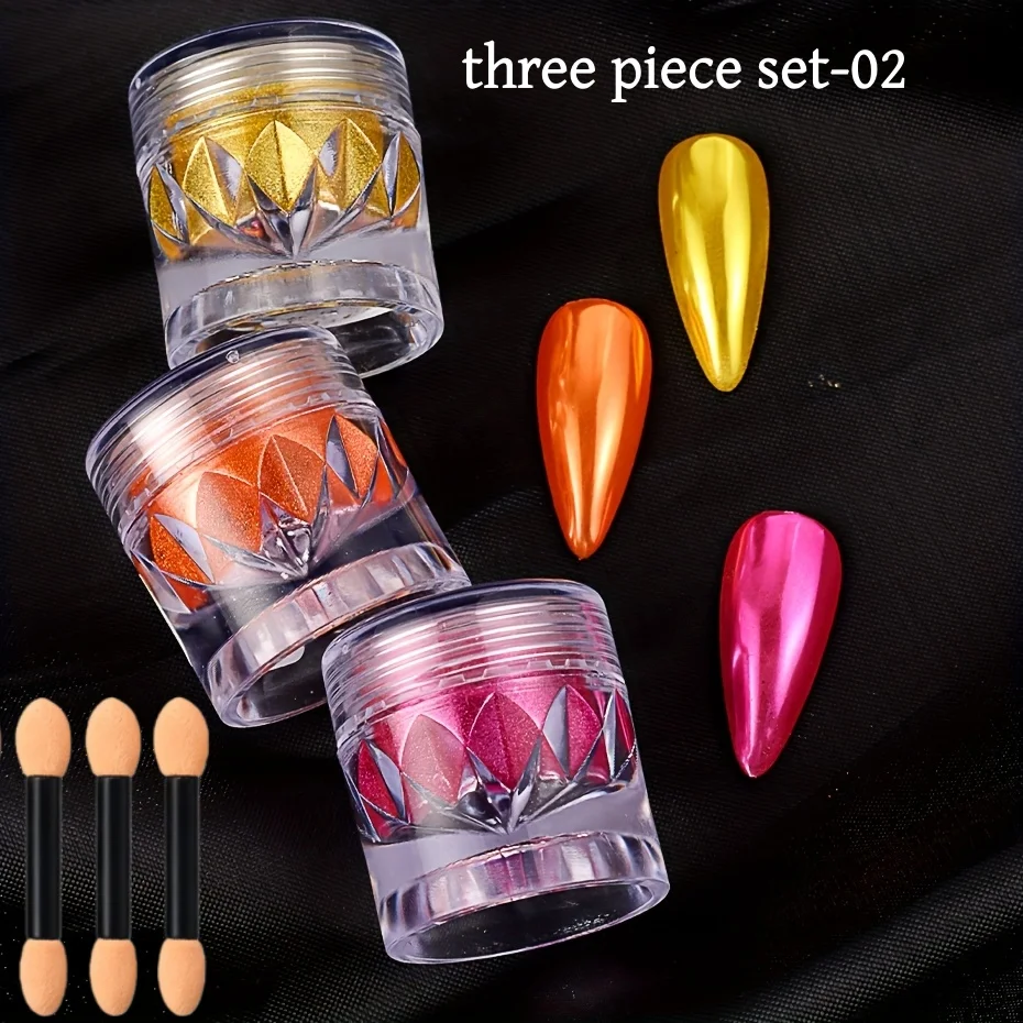 3-teiliges Nagelglitzerpulver-Set, holografischer Gold-Silber-Chrom-Staub mit Aurora-Spiegeleffekt, DIY-Nagelkunst-Dekoration