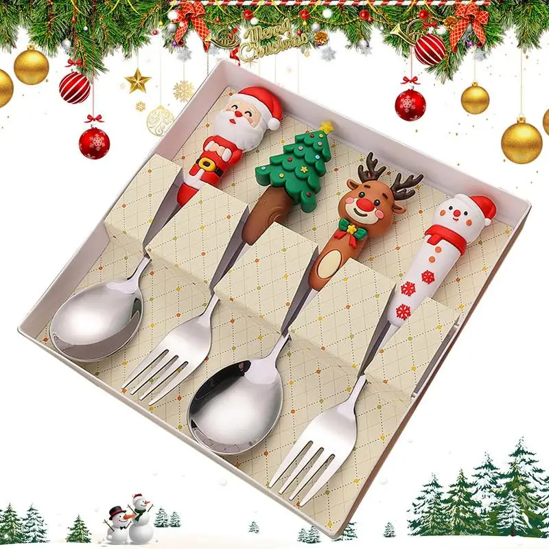4pcs Christmas Spoon And Fork Set Stainless Steel Creative Tableware Coffee Tea Dessert Spoon And Fork Exquisite Gift Set