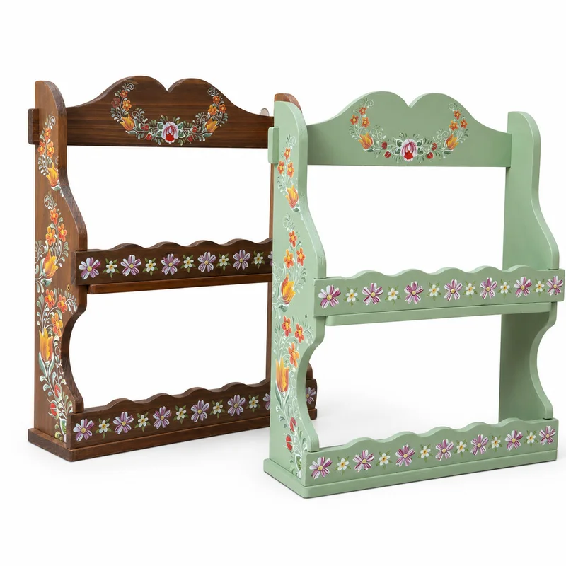Vintage Wooden Wall Shelf with Hand Painted Flowers, Two Tier Distressed Storage Rack, Farmhouse Organizer for Kitchen Bathrooms