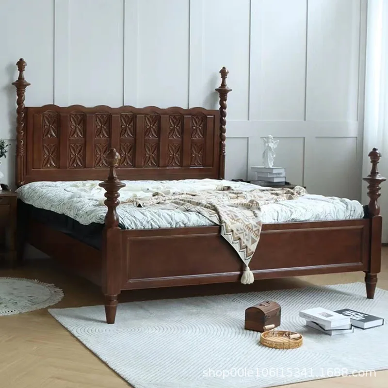 Solid wood carving flower American Roman column double bed hotel bedroom model room medieval princess wedding bed