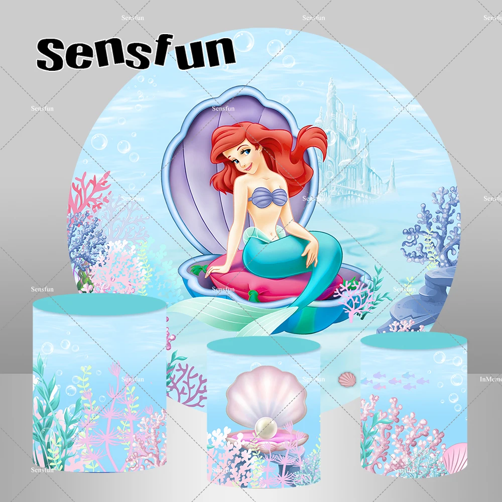 Under The Sea Little Mermaid Princess Ariel Round Backdrop for Girls Baby Shower Birthday Party Circle Background Cylinder Cover