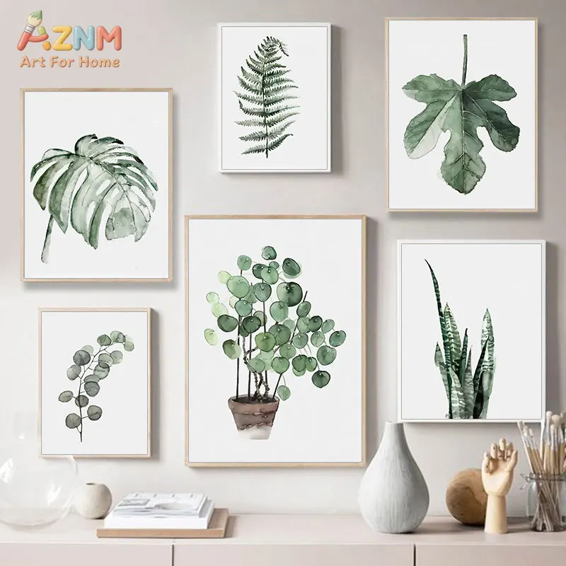 AZNM Sage Green Watercolor Plant Canvas Print Monstera Eucalyptus Fern Snake Leaf Minimalist Botanical Living Room Wall Poster U