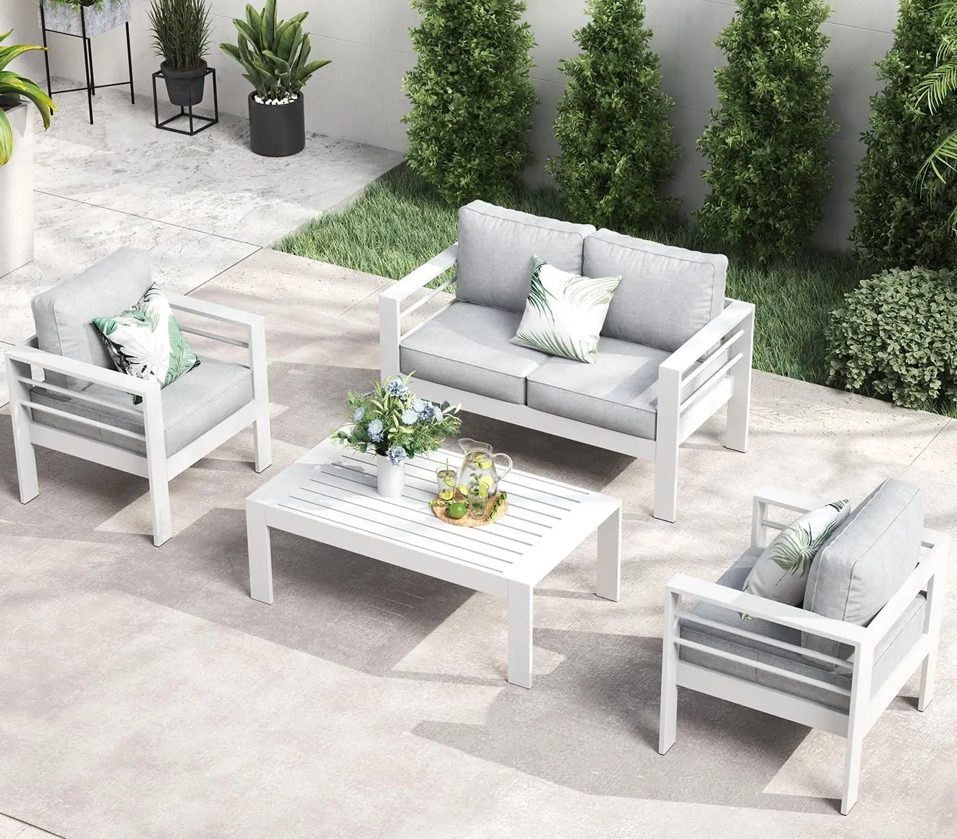 

Outdoor Aluminum Furniture Set, 4 Pieces Patio Sectional Conversation Chat Sofa Modern Seating Set with Coffee Table