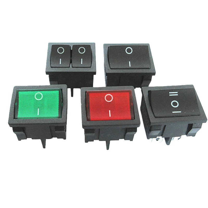 10pcs KCD5 Rocker Switch, 6-Pin 3-Position / 4-Pin 2-Position, Red/Green Illuminated, Double-Pole Power Rocker Switch