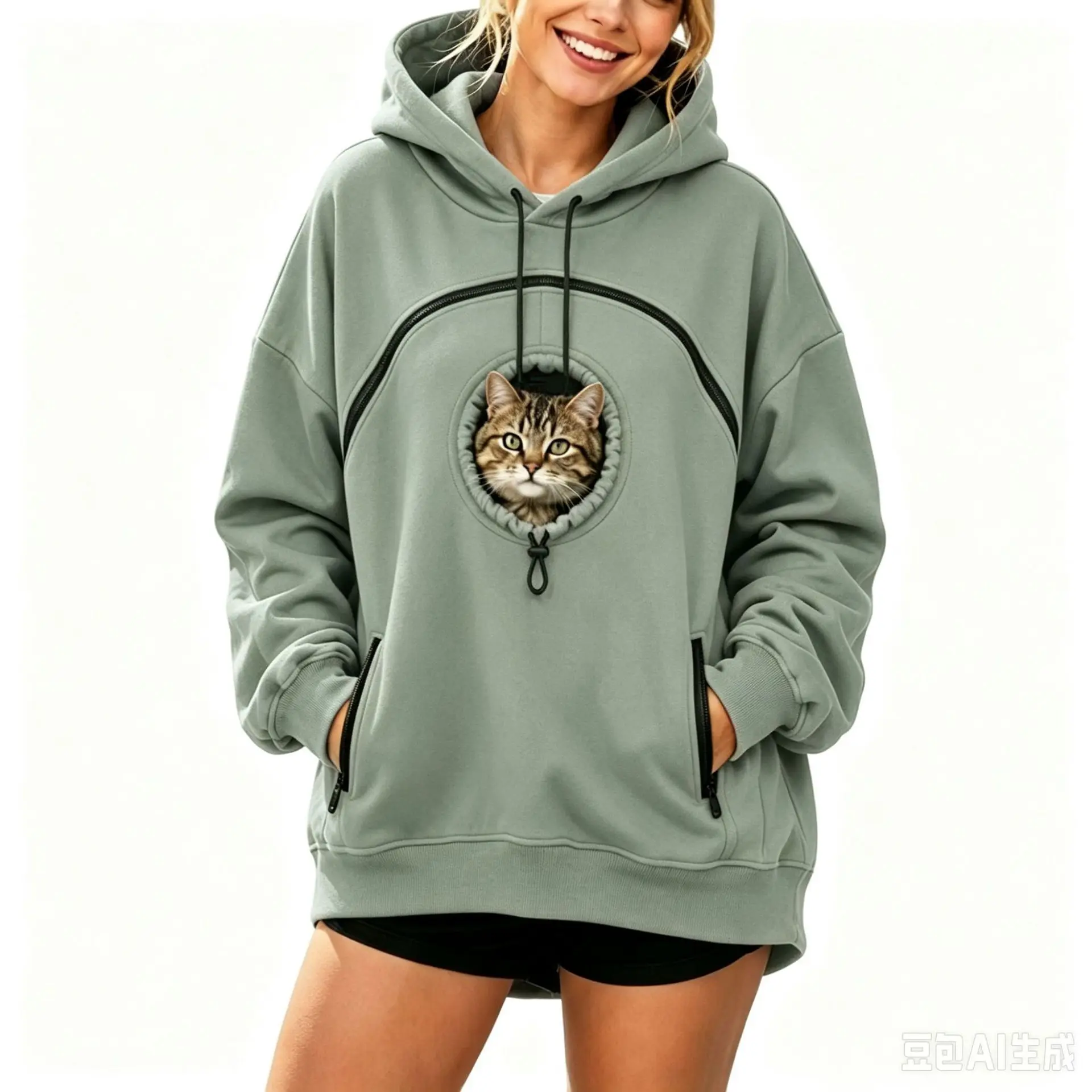 Personalized LOGO Customized Women's Hooded Pet Cat Pocket Casual Sweater Zipper Long Sleeve Hooded Fleece Top
