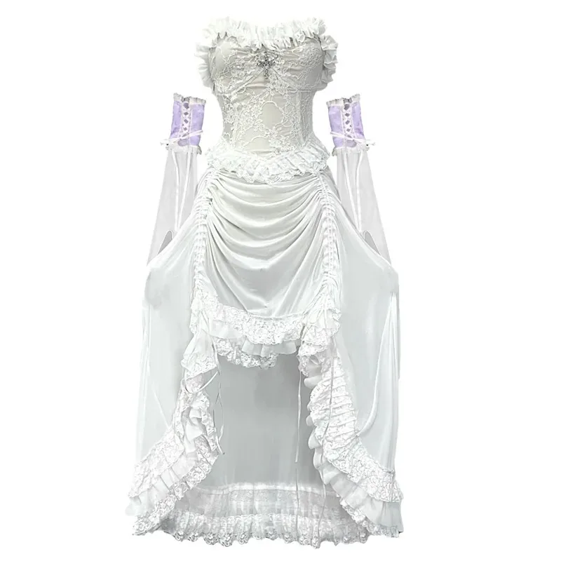 Gothic White Lace Mesh Slip Dress Strapless Drawstring Ruffle Irregular Hem Halloween Prom Party Midi Gown Women