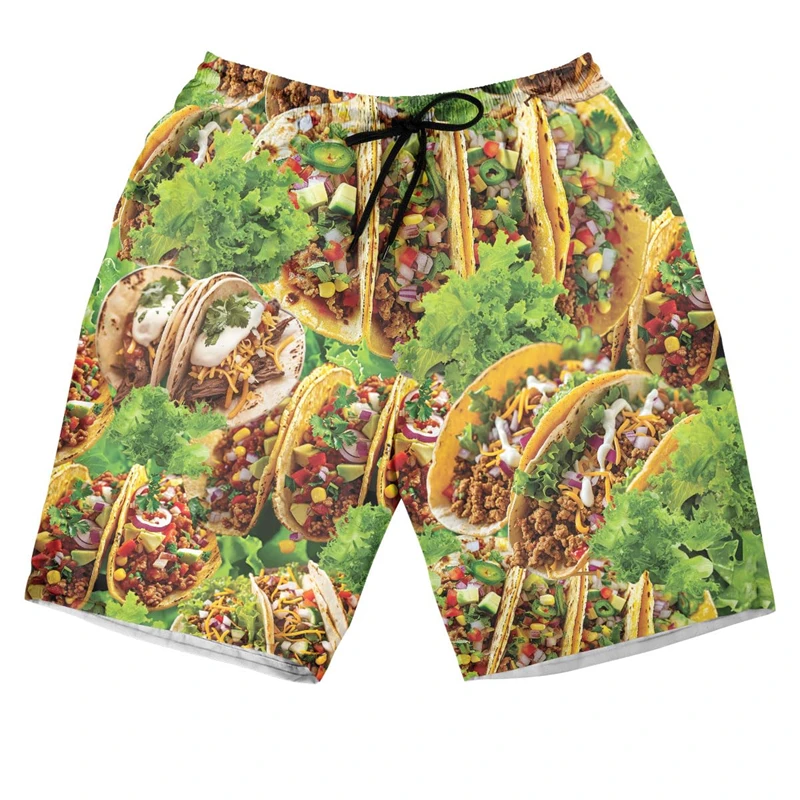 Hawaii Beach Shorts with Pattern Noodles Fries and Ham 3D Print Sport Quick-dry Breatha Men Casual Shorts Surfing Leisure Shorts