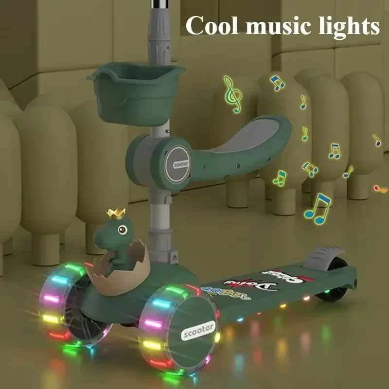 Patinete 3 en 1 para niños con manillares de altura ajustable y asiento extraíble, luces LED, música para niños y niñas, juguetes para montar al aire libre