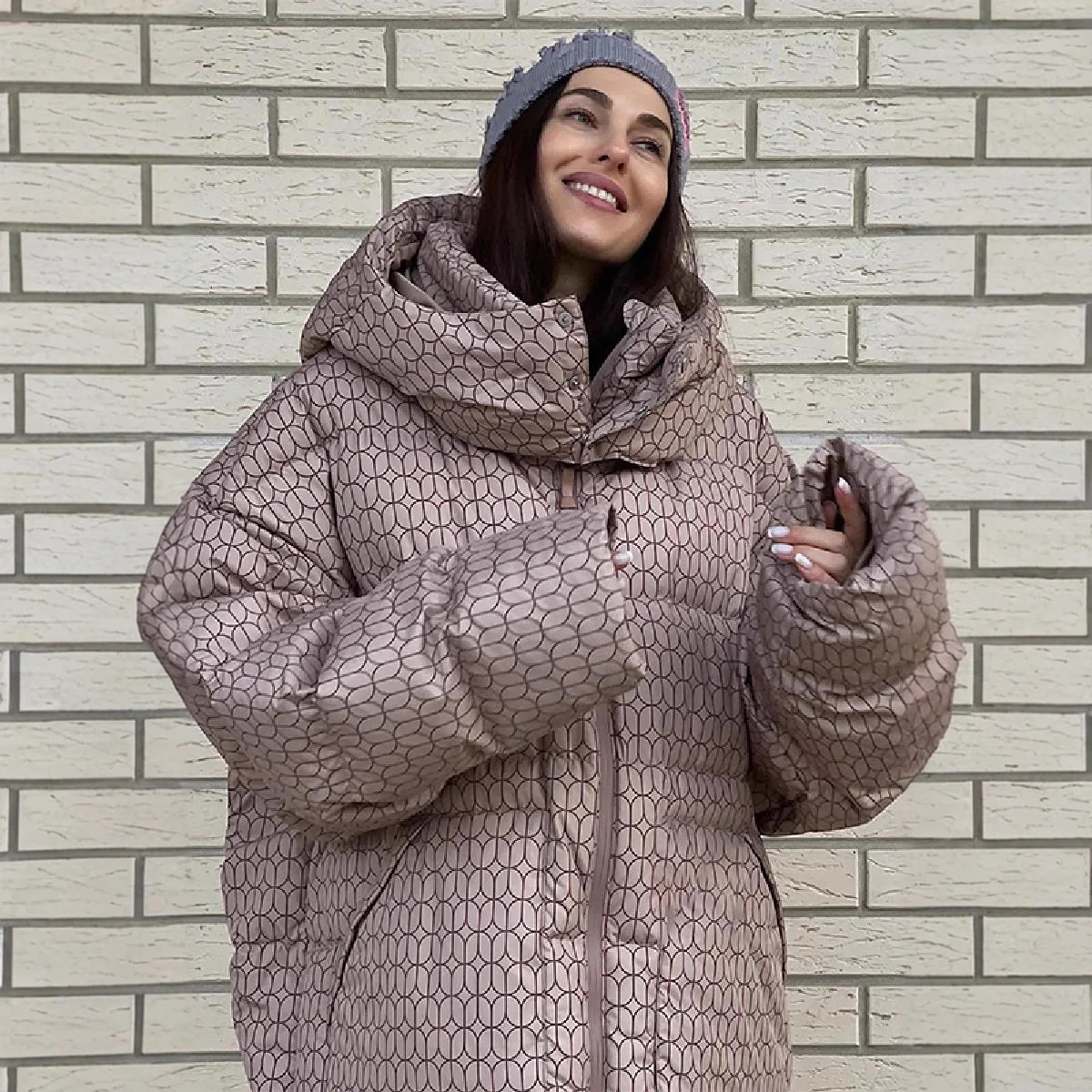 Thickened Allover Printed Mid Length Women's Padded Coat Stand Collar Drawstring Waist Windproof Winter Female Outerwear Jacket