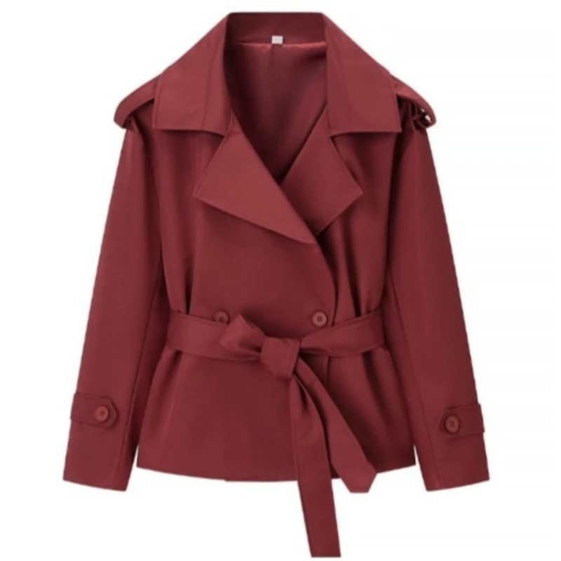 Cross-border European and American Style Women's Solid-color Belted Short Jacket Trench Coat Fashion Aliexpress's Best-selling