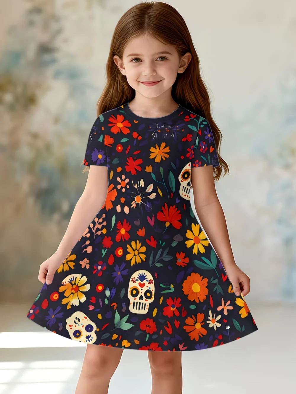 Gothic Cartoon Skull 3D Printed Girl Clothes Summer Princess Elegant Dresses Comfortable Short Sleeve Dress Fashion Kids Clothes