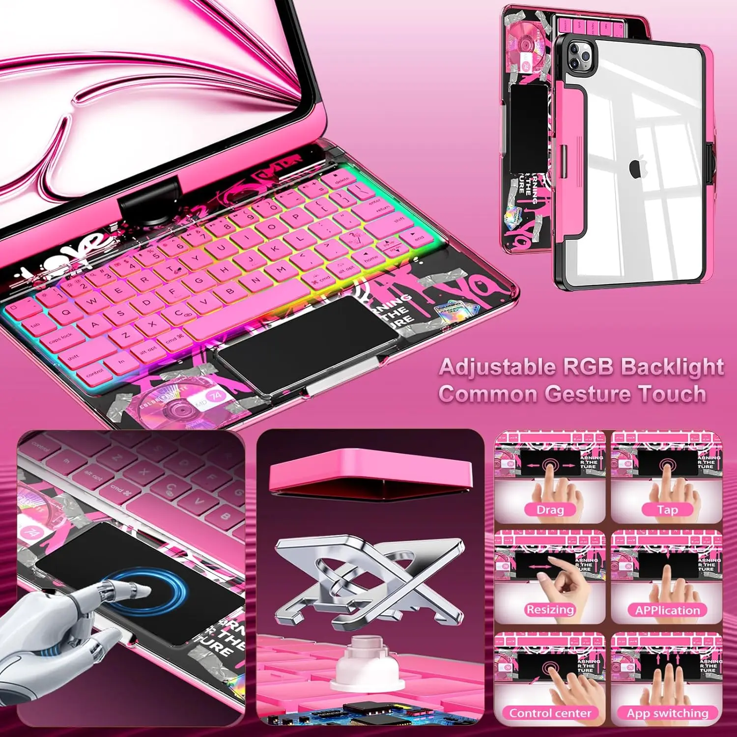 Transparent 360°Rotatable Keyboard Case for iPad Pro 12.9inch 2018-2022, Air M3 2025 with Smart Backlight Trackpad Keyboard Case