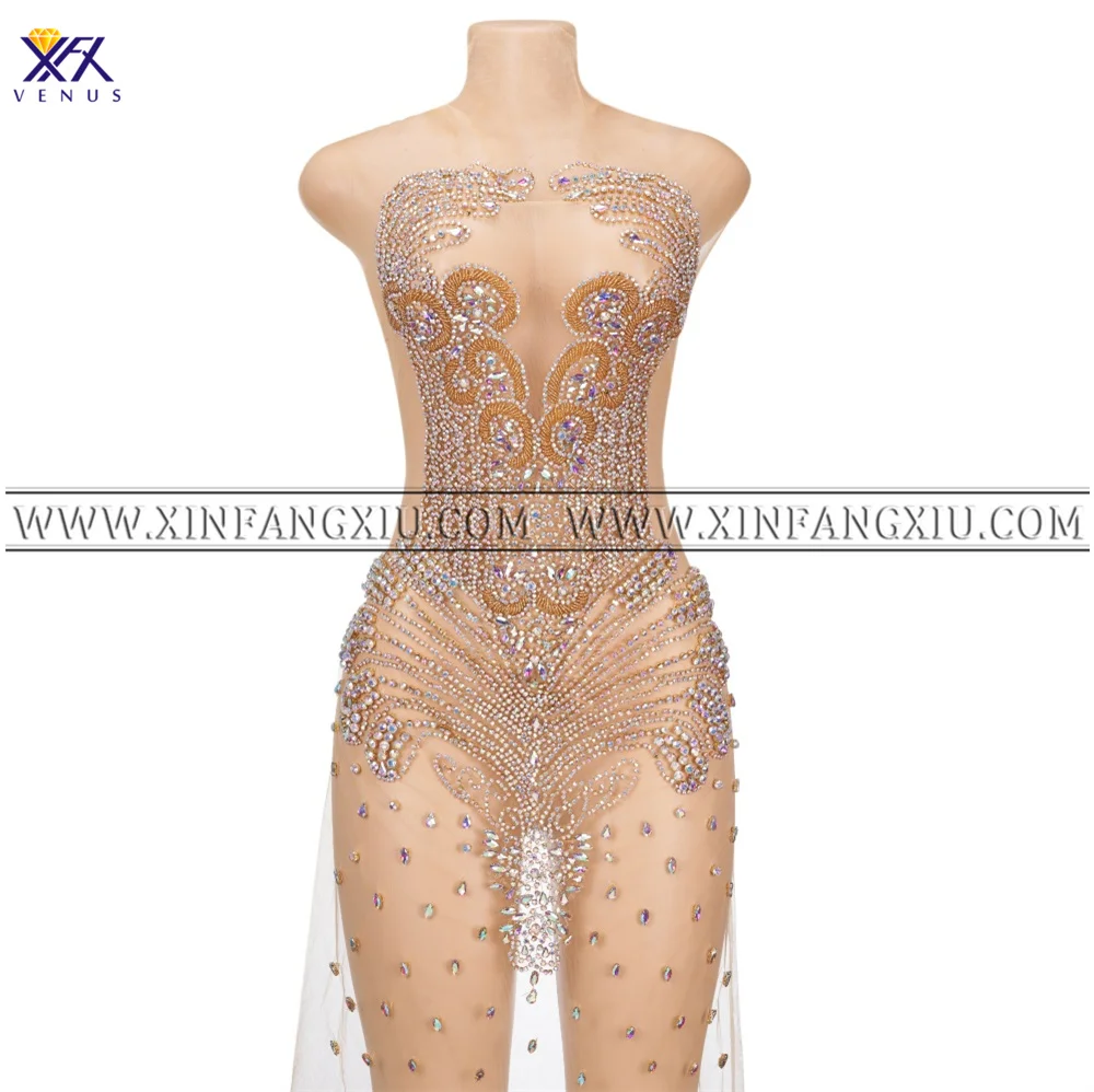 

XFX VENUS 1 PCS AB Gold Applique Rhinestone Fabric Lace Trim Sewing Mesh Collar Patch for Wedding Gown Dress Bridal Embroidery