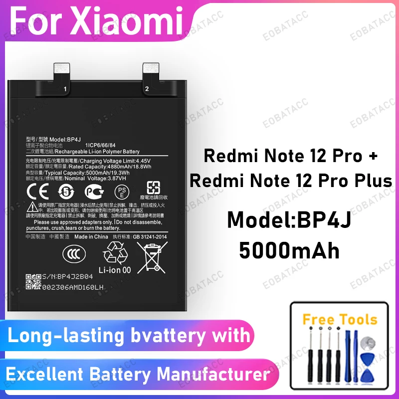 

100% New 5000mAh BP4J Battery For Xiaomi Redmi Note 12 Pro Plus Battery Replacement Bateria+Free Tools