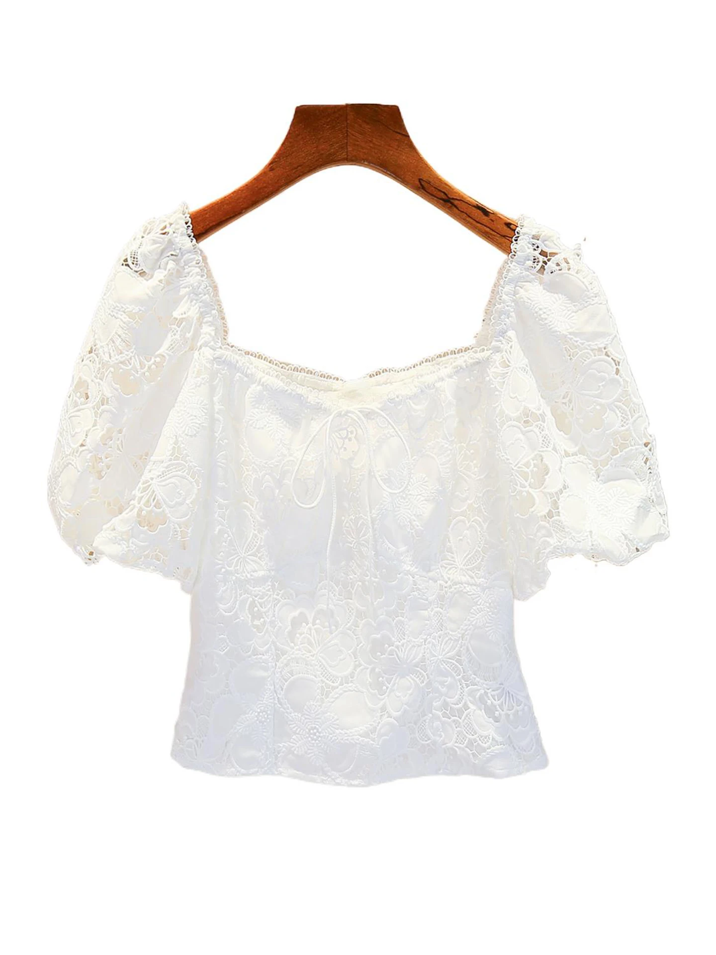 

White Lace Embroidery Square Collar irt Women's Top Ele Simple Sle Polyester Fiber ort Sve Commute Faion