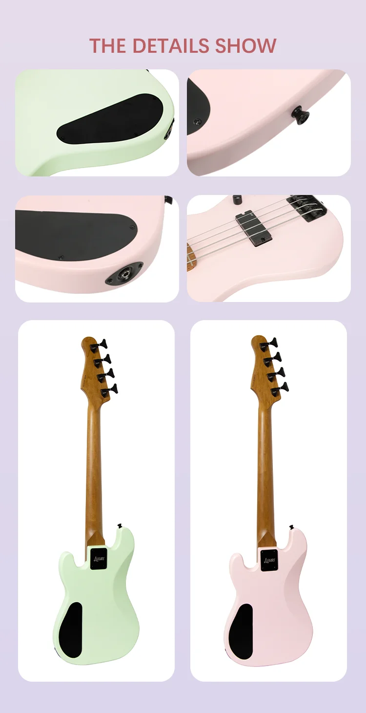 Bajo eléctrico con mástil de arce asado, cuerpo de madera maciza, acabado mate, hermoso Vioce, hardware negro, alta calidad