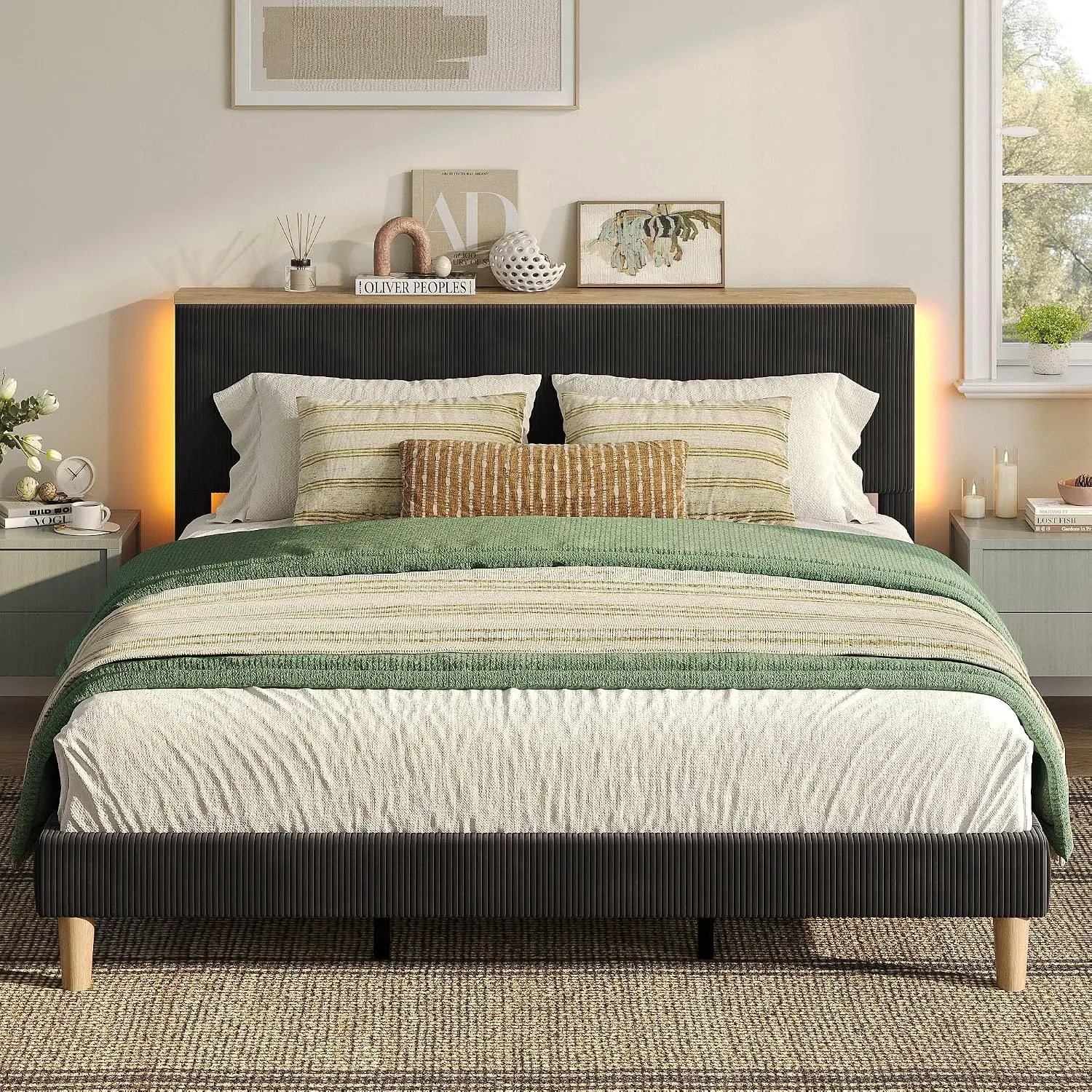 Upholstered King Bed Frame Storage Headboard LED Shelf RGB USB Corduroy Wood Slat No Box Spring Anti-Squeak Easy Assembly, Custo