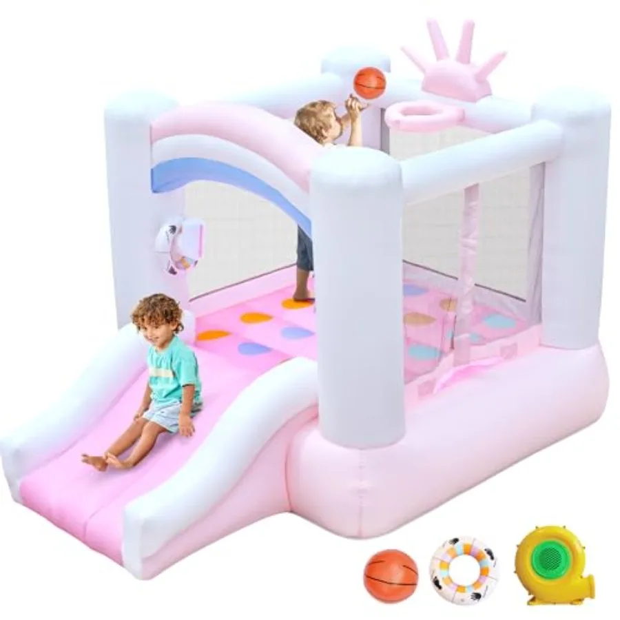 

Inflatable Bounce House 104 X 72 X 71 for Ages 3-8 with Slide Jumping Area Basketball Hoop Twister Game Blue and Yellow Blower