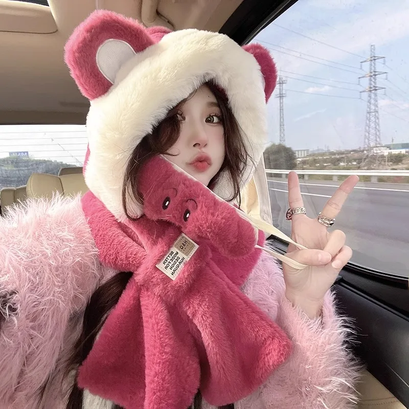 Cute Bear Hat Scarf Integrated Hat for Women, Winter Fleece Trapper Hat with Ear Flaps, Warm Cycling Ski Windproof Neck Warmer