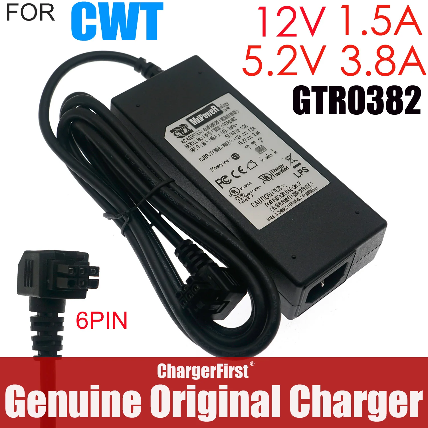 Genuine CWT GTR0382 6Pin Power Supply 12V 1.5A 5.2V 3.8A for Honeywell Metrologic Stratos MS2420 MS2430 Scanner Scale