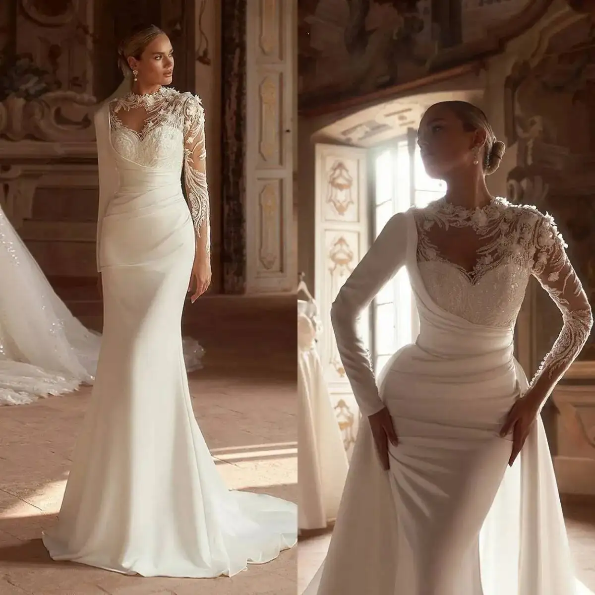 

Mermaid Elegant Dresses Lace Appliques O Neck Long Sleeves BOHO Detachable Train Wedding Bridal Gown Customized Vestidos De