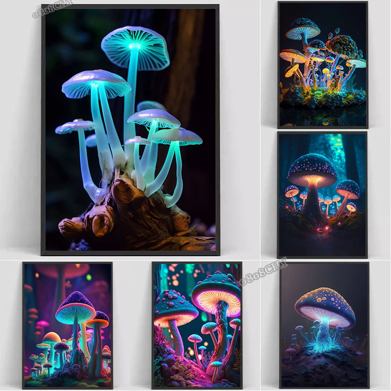 Magic Mushrooms Canvas Print Posters Mushrooms Neon Pop Art Canvas Painting Wall Art Mural for Home Room Decor Picture Cuadros