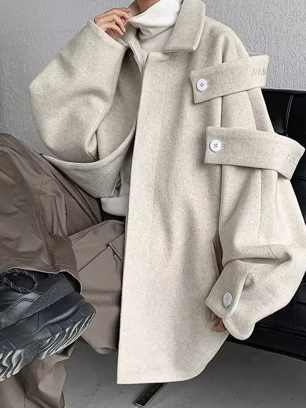 

Men's Woolen Coat Spring Autumn Winter Loose Fit Casual Sle Button Decorated Straight Hem Jaet for Couples