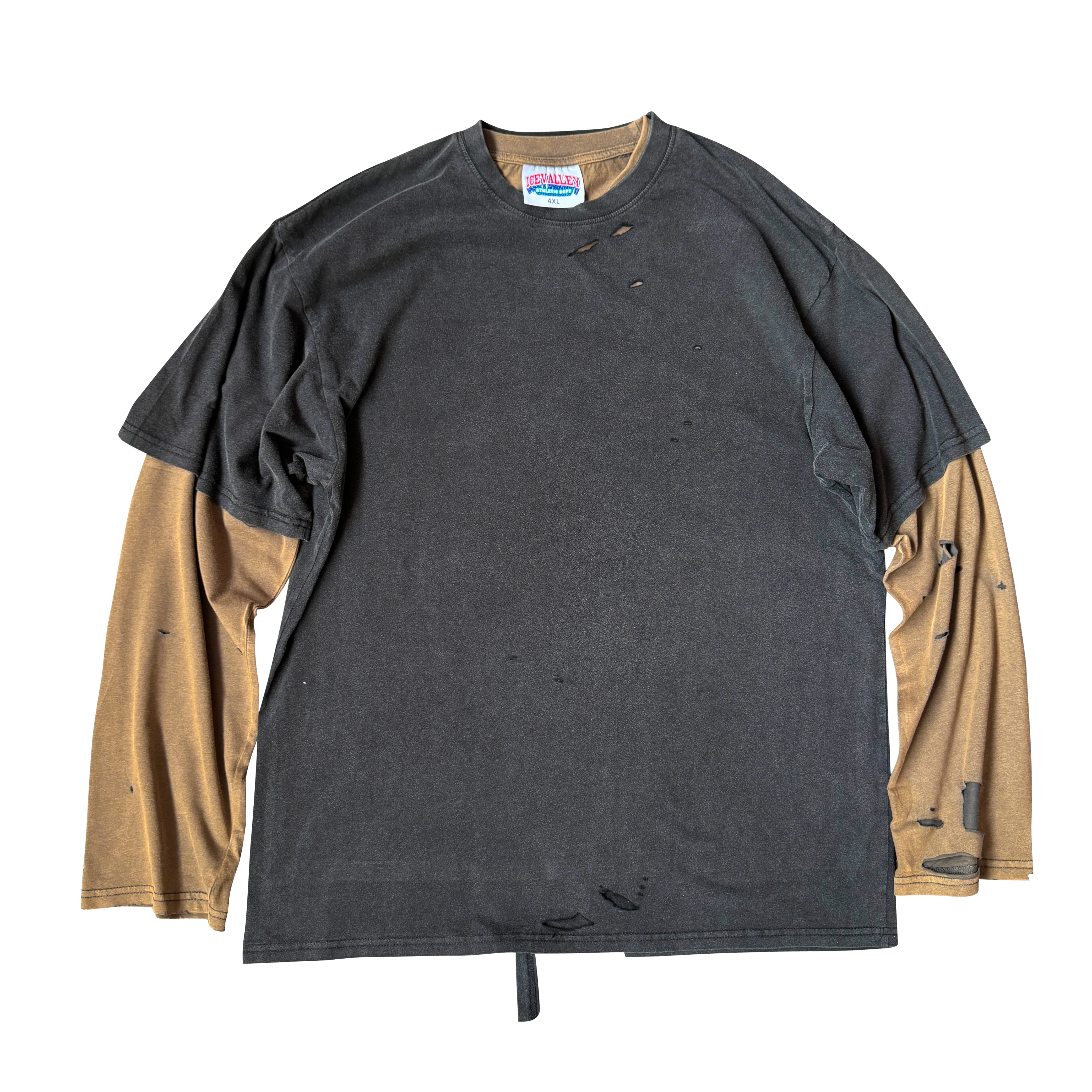 American Retro Long Sleeve T-Shirt True Two-Piece Earth Tone Worn out Style Cotton Breathable Youth Popular Loose Fit round Neck