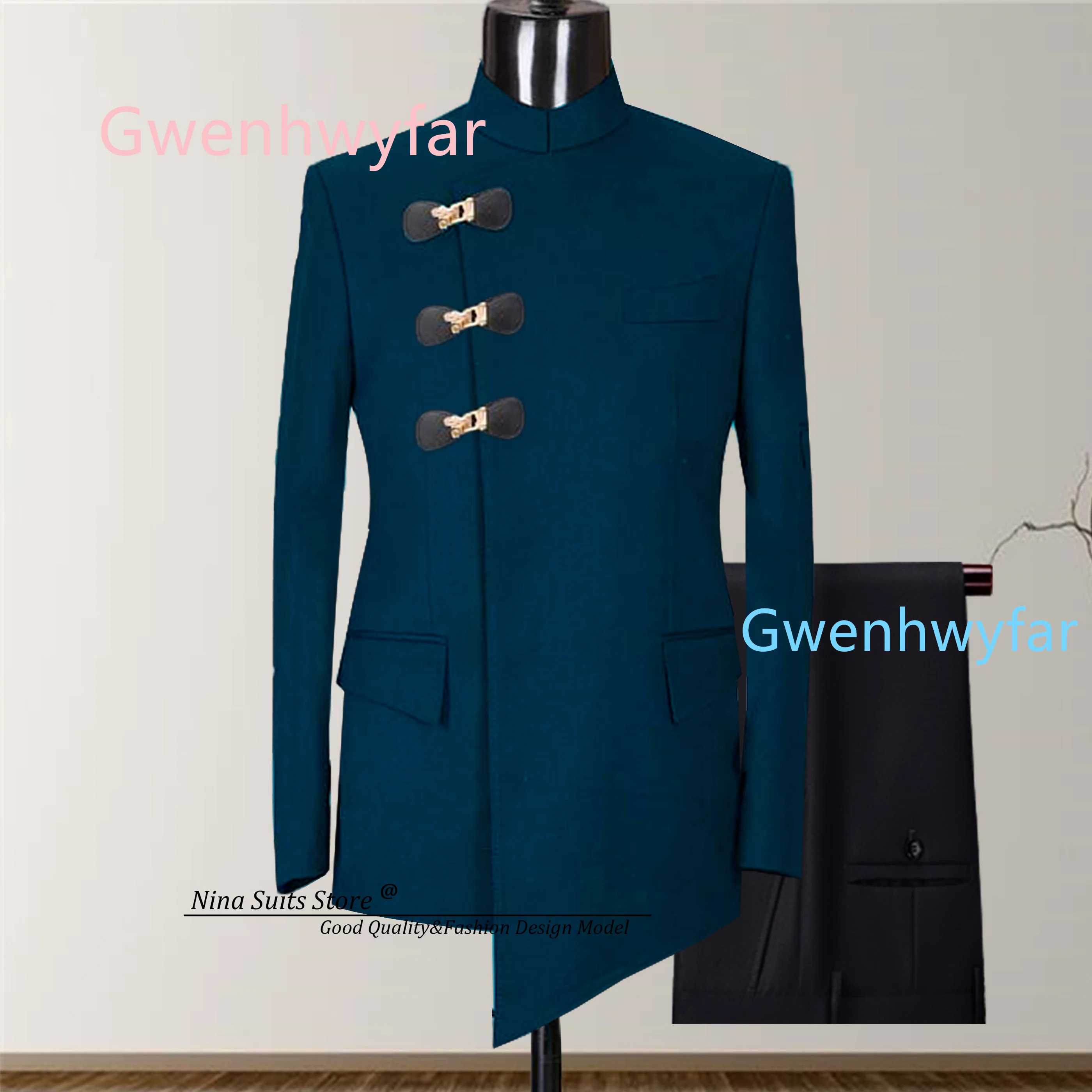 Gwenhwyfar 2026 Spring New Africa Style Men Suits Purple Blazer Black Pants Special Asymmetrical Hemline Leather Buttons Costume