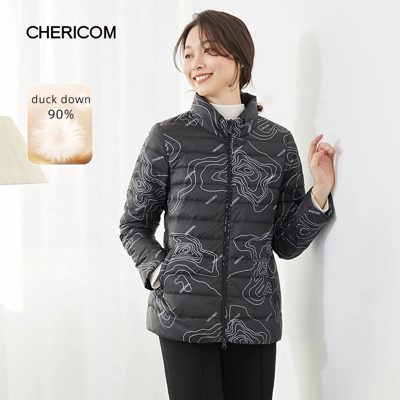 Chericom Women's Clothing Duck Down Jacket Printed Windproof Warm Standing Neck Waist Skinny Thin Office Ladies Coats 279060