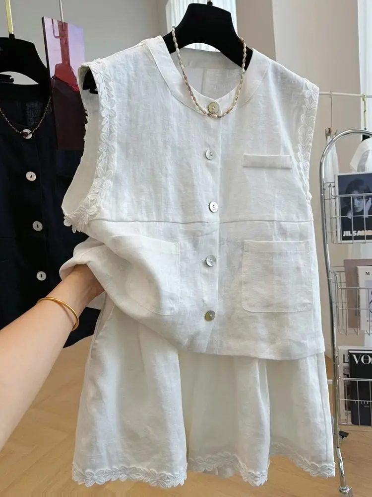 

Lady Solid Color Suits Summer New Fashion Single Breasted Women Sleeveless Vest Top+High Waist Shorts 2-Piece Sets