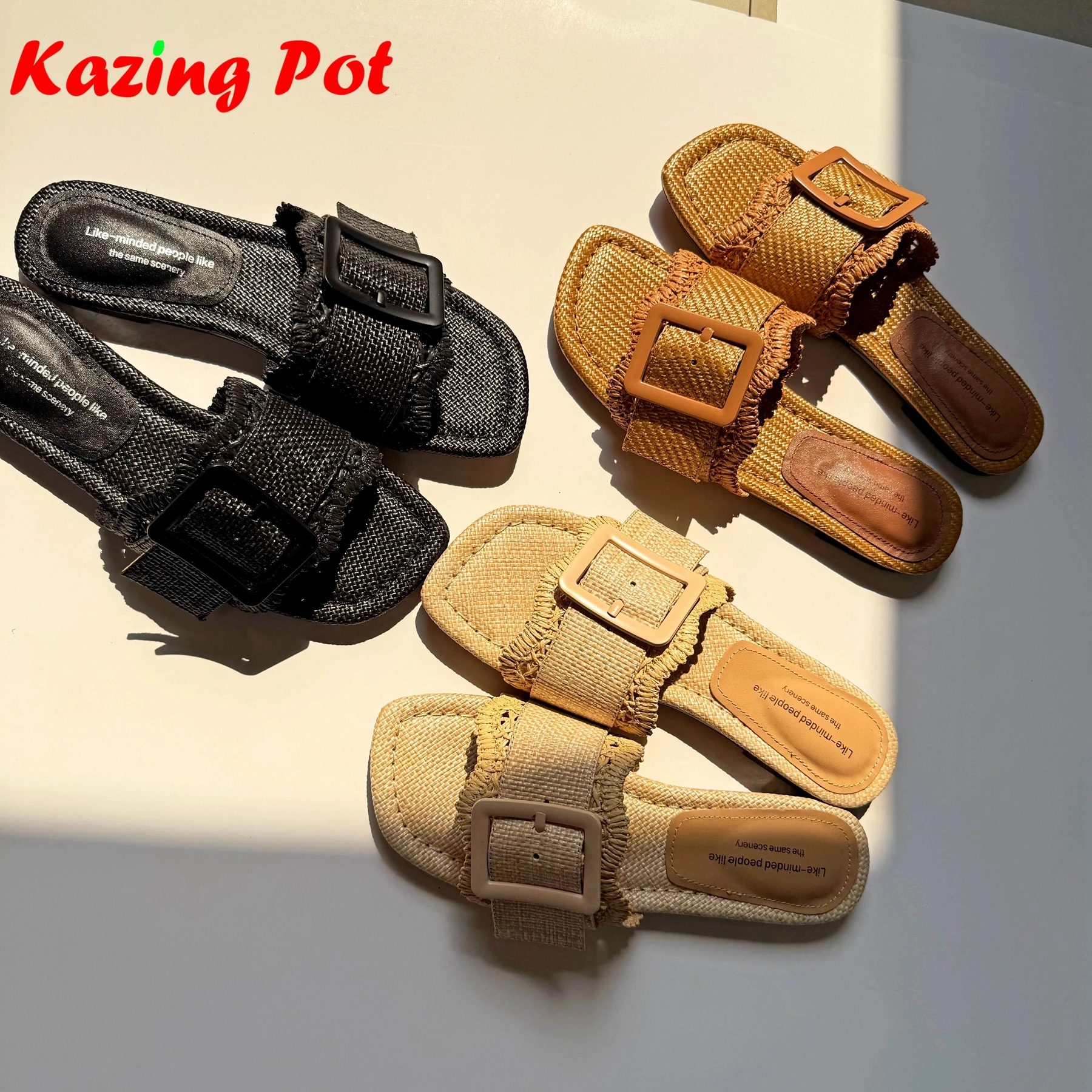 

Krazing Pot Superstar соломенное плетение с открытым носком на низком каблуке без шнуровки повседневные сабо сандалии с металлической пряжкой летние женские уличные тапочки